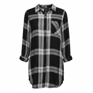 Rails Bianca Shirt Dress Small Black Cinder Plaid 100% Rayon Button Front